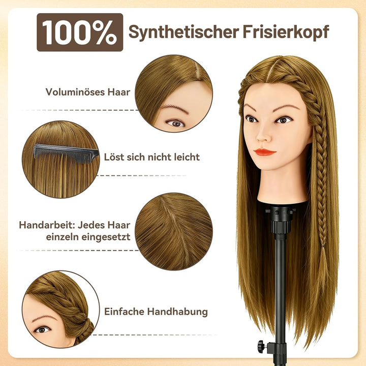 TwoWin Übungspuppe mit braunem Kopf, Echthaar, zum Flechten von Make-up, inklusive Klemmhalter, Brau