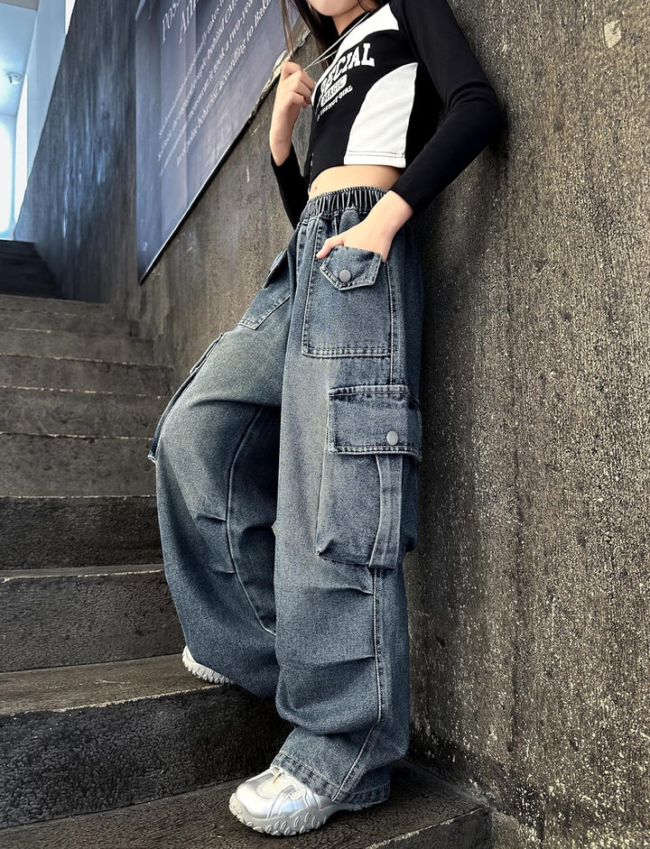 Rolanko Baggy Cargo Jeans für Mädchen, Elastische Hose mit Hoher Taille und Weitem Bein Y2K Jeanshos