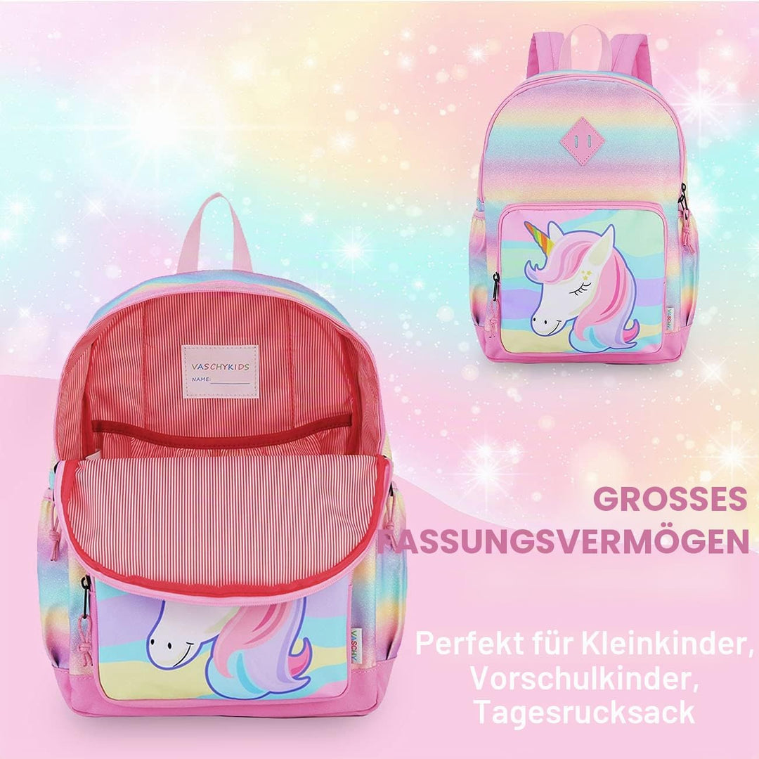 VASCHY Mädchen Schulrucksack 4-6 Jahre Schulrucksack mit Seitentaschen und Brustgurt 127-einhorn, 12
