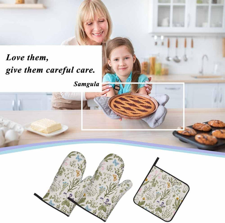 Blumen-Ofenhandschuhe und Topflappen-Set, Wildblumen, Kräuter, hitzebeständig, 3 Stück zum Kochen, B