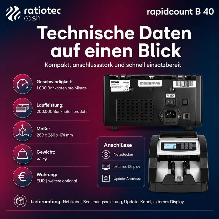 ratiotec 00046660 rapidcount B 40 Banknotenzählmaschine mit IR, UV und MG Prüfung