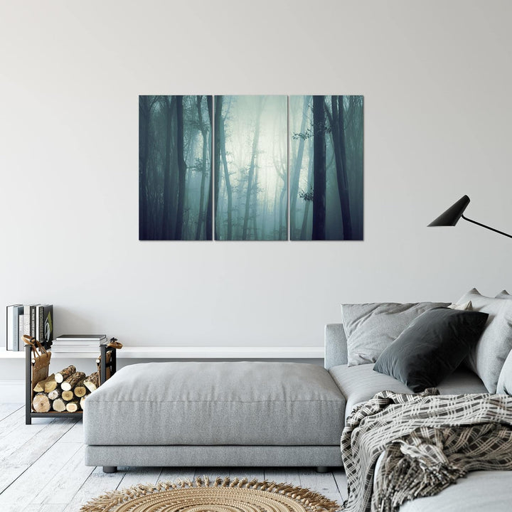 Runa Art Wandbilder Wald Nacht Bild XXL Schlafzimmer Wohnzimmer Türkis Nebel 120 x 80 cm 3 Teilig 01
