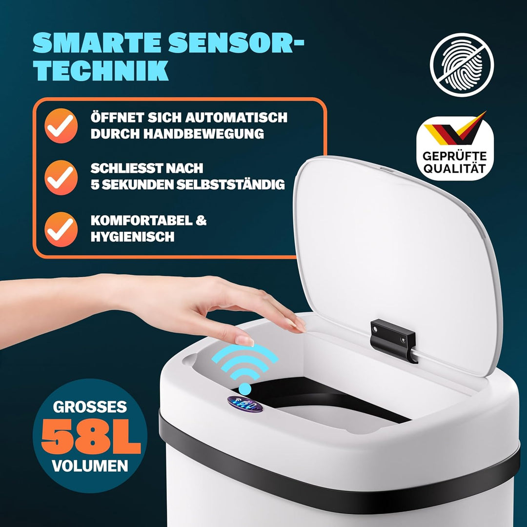 Monzana® Sensor Mülleimer Küche 58 L Automatik mit Bewegungssensor Soft-Close-Deckel Wasserdicht USB