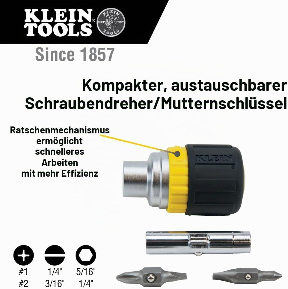Klein Tools 32593 Ratschen-Schraubendreher, schwarz, 6-in-1, US-Grössen Bit-Konfiguration 1, Bit-Kon