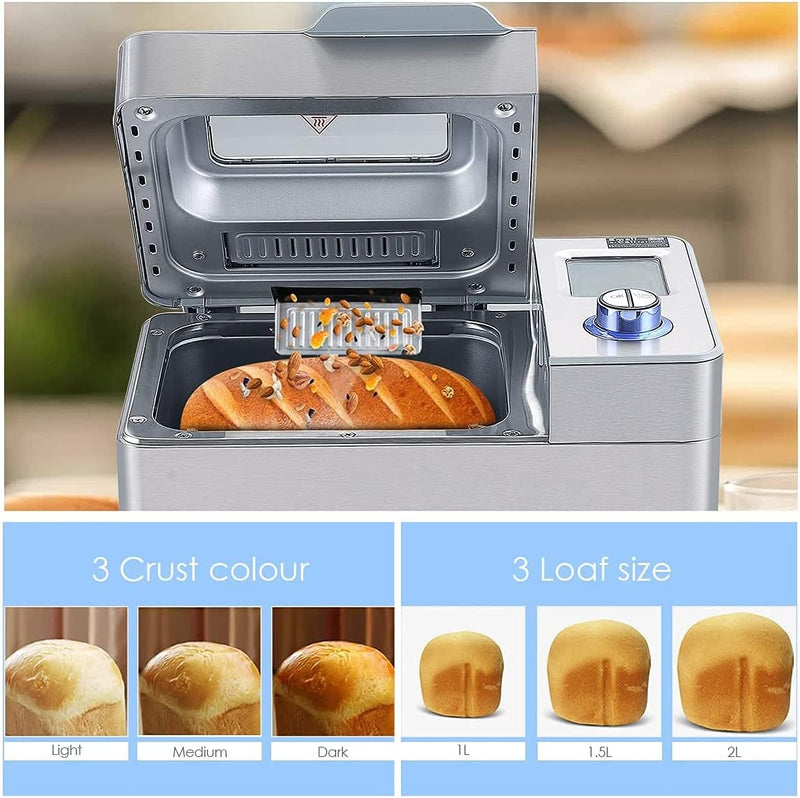 COOCHEER Brotbackautomat Backmeister Edelstahl Brotbackmaschine mit 25 Backprogramme, 3 Backfarben u