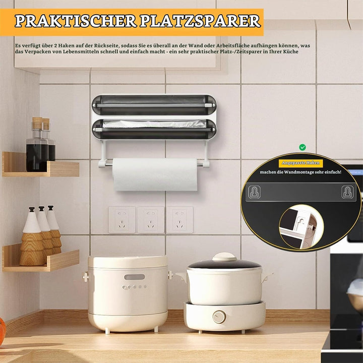 3-in-1 Frischhaltefolienspender mit Küchenrollenhalter - Platzsparender Wandrollenhalter, magnetisch