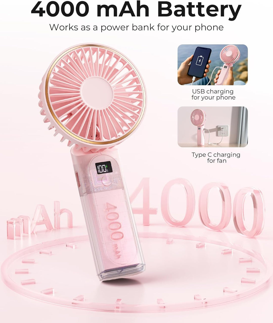 Tragbarer Mini-Ventilator Mit 4000mAh und LED-Display - 180° Verstellbar, Wiederaufladbar, 6 Geschwi