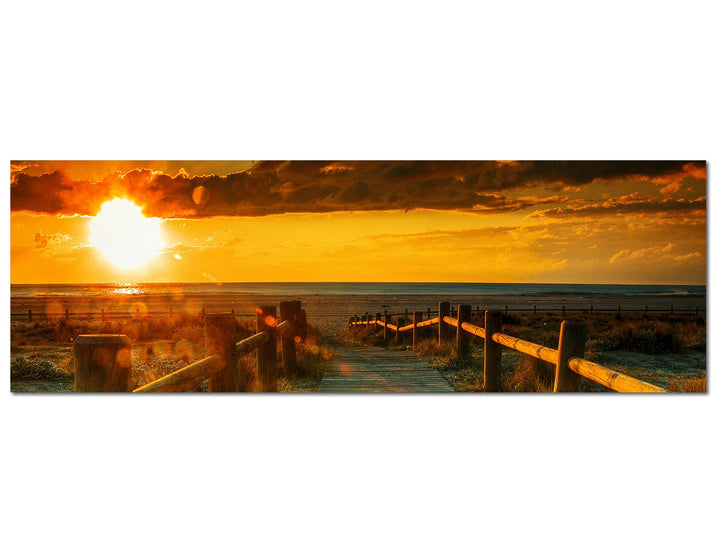 Paul Sinus Art Panoramabild auf Leinwand und Keilrahmen 150x50cm Strand Dünen Steg Meer Sonnenunterg