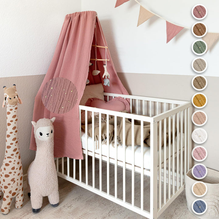 Betthimmel Babybett mit Goldapplikationen [in 12 Farben] Himmel Babybett aus 100% Baumwolle Musselin
