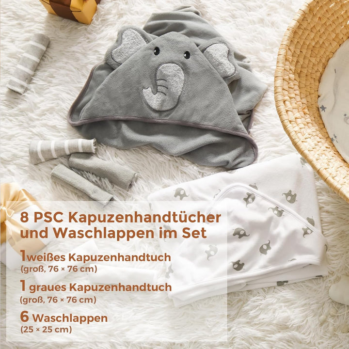 momcozy Baby Bath Towel Set, 8-Piece , 2 x Hooded Towels 76 x 76 cm and 6 x washcloths 24 x 24 cm, w