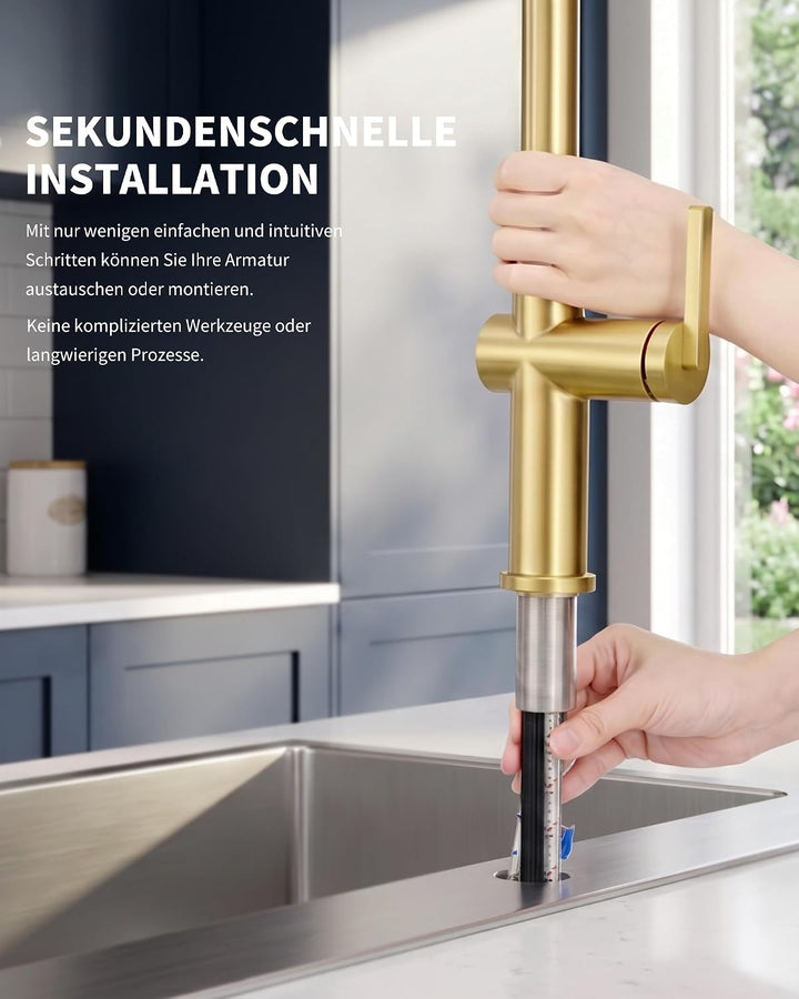 Tohlar Gebürsteter Gold Wasserhahn Küche Ausziehbar Gold | Hochdruck, Gold | Hochdruck