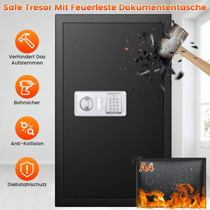 Extra Grosser Safe Tresor Feuerfest mit Feuerfeste Dokumententasche&3 Herausnehmbares Regal, 102L Ro