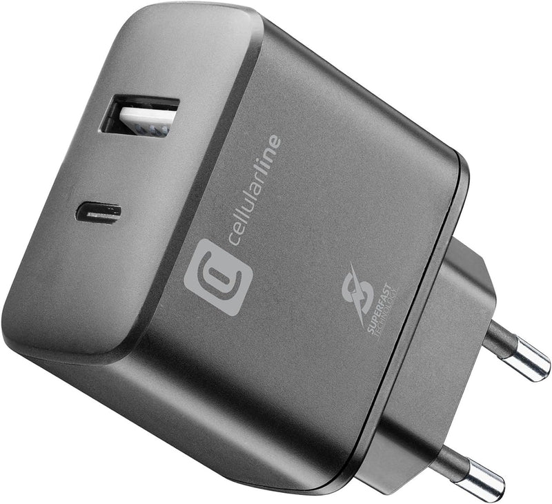 Cellularline | Netzwerk-Ladegerät | USB- und USB-C-Ladegerät mit 2 Anschlüssen und 25-W-Super-Fast-C