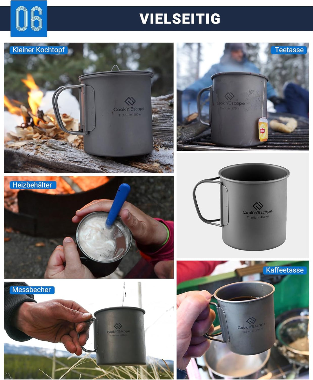 COOK'N'ESCAPE Titan Camping Tasse mit Deckel Titanium Topf Becher mit faltbarem Griff 450ml Leicht u