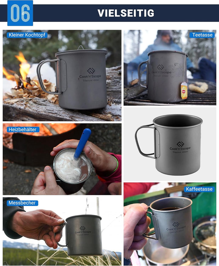 COOK'N'ESCAPE Titan Camping Tasse mit Deckel Titanium Topf Becher mit faltbarem Griff 450ml Leicht u