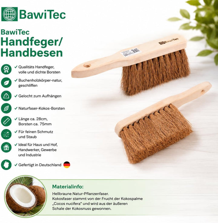 BawiTec Kokosbesen Kehrset,Komplett-Set,Besen 40cm,mit Teleskopstiel verstellbar,Handfeger Holz 28cm