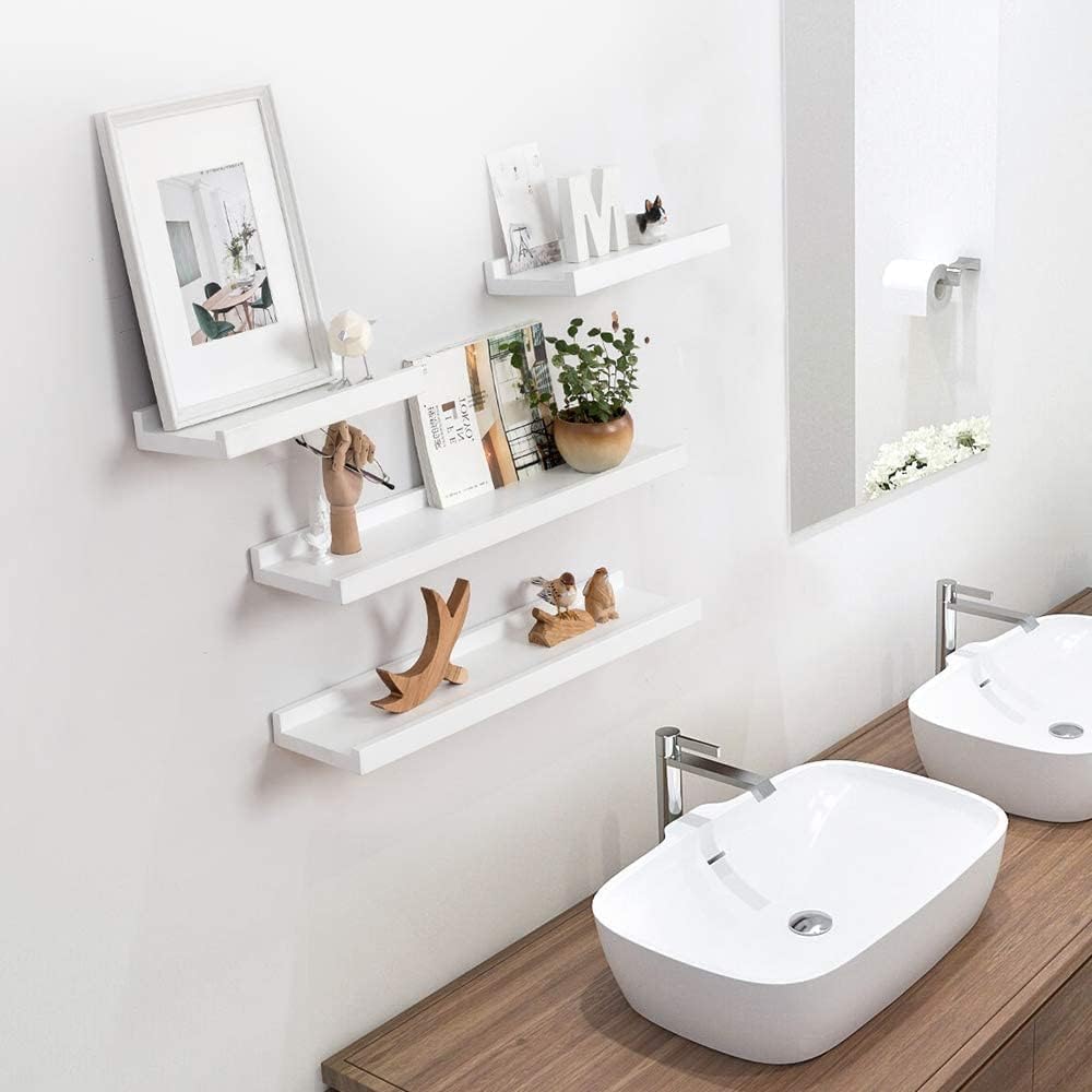 Wandregal Weiss, 100CM Bilderleiste Weiss massives Eichenholz Regal weiss Schweberegal für Fotorahme