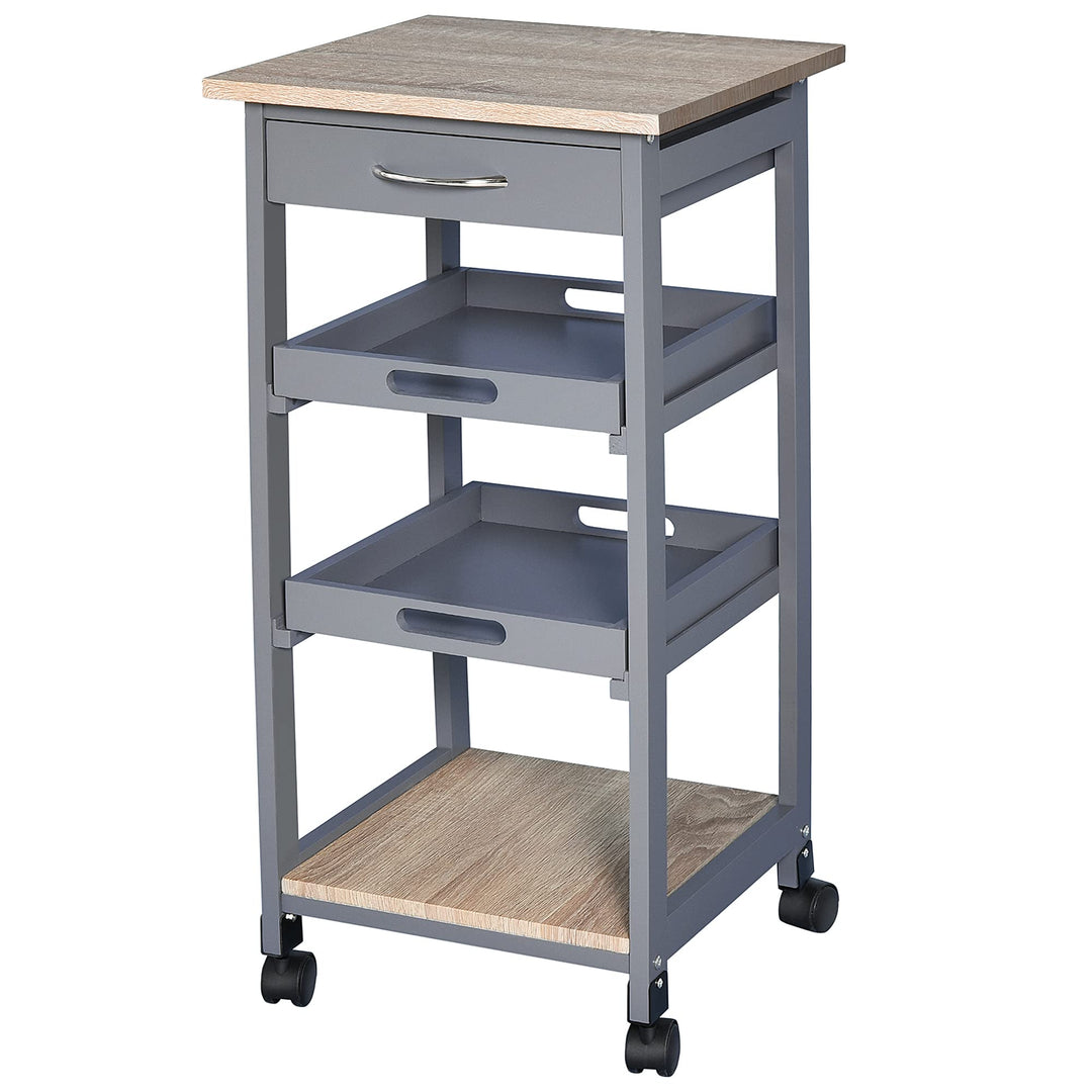 HOMCOM Servierwagen Küchenwagen mit Rollen 2 abnehmbare Tabletts, Schublade, Regal helle Eiche Holz