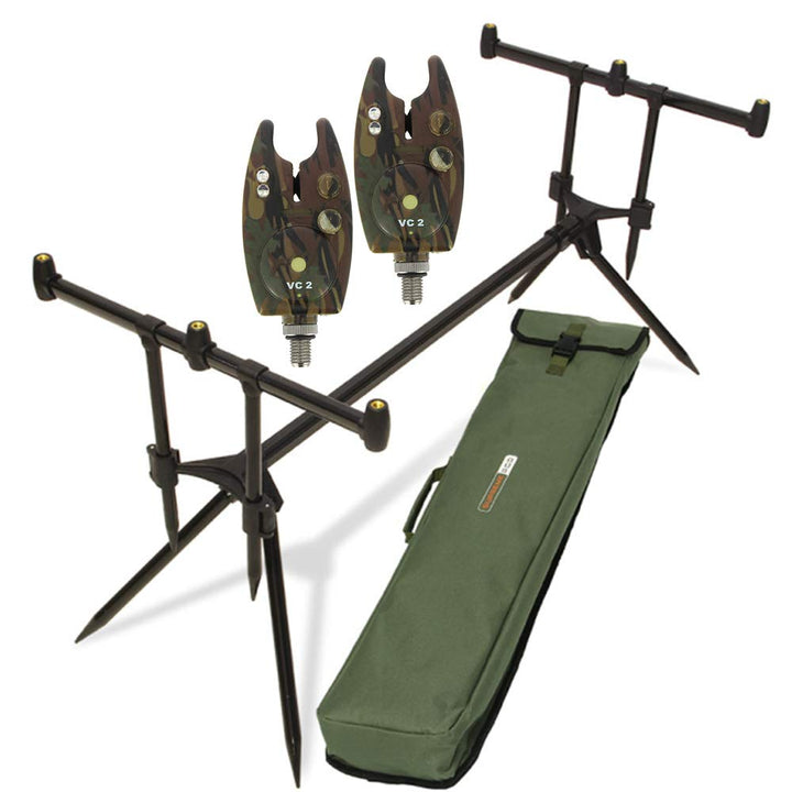 G8DS® Set Rod Pod Rutenhalter + Tragetasche inklusive 2 Bissanzeiger mit Lautstärke- und Tonregler f