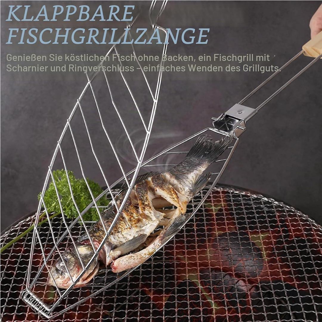 Fisch Grillhalter mit Holzgriff 4er, 63x12cm Grosse Fischbräter Fischgriller mit Griff, Edelstahl Gr