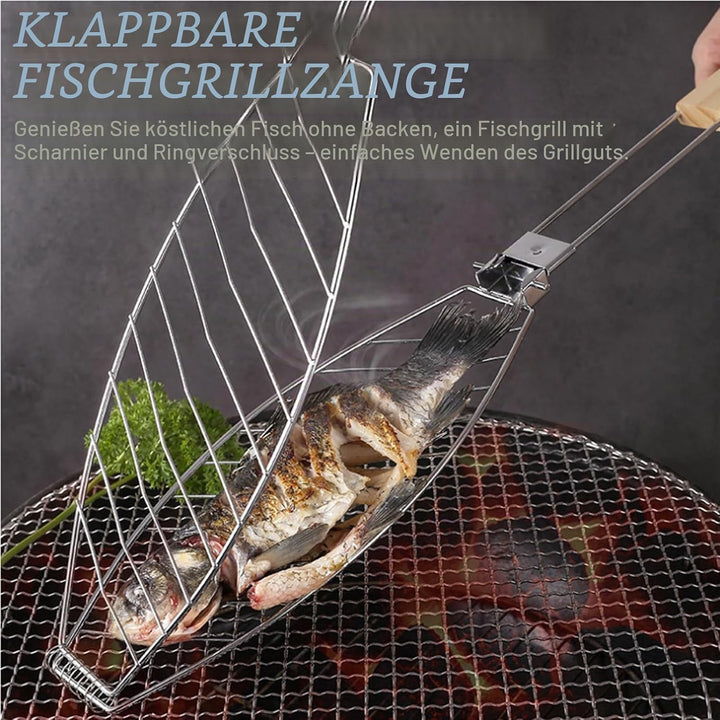 Fisch Grillhalter mit Holzgriff 4er, 63x12cm Grosse Fischbräter Fischgriller mit Griff, Edelstahl Gr