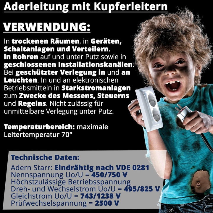 EBROM - 10 Meter Aderleitung eindrähtig - Einzelader - Verdrahtungsleitung starr - PVC Leitung - H07
