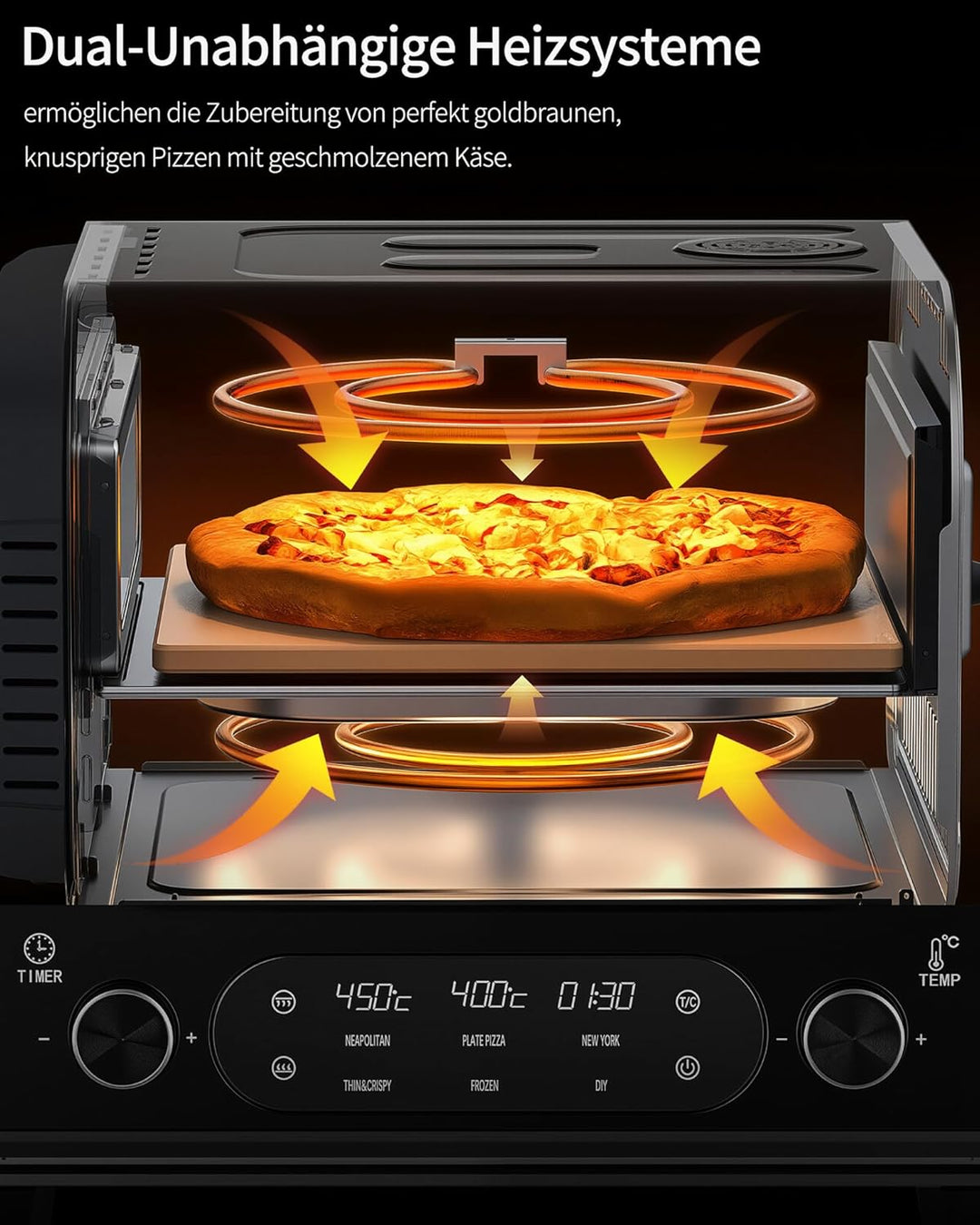 Elektrischer Pizzaofen - bis 450℃, 5 voreingestellte Pizzaarten, 1-60 Min Timer, Touchscreen & Drehr