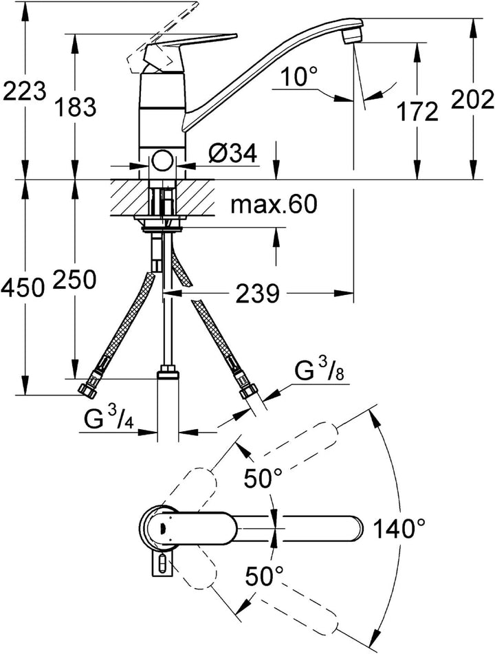 GROHE Eurosmart Cosmopolitan - Einhand-Spültischbatterie (flacher Auslauf, Einlochmontage, Schwenkbe