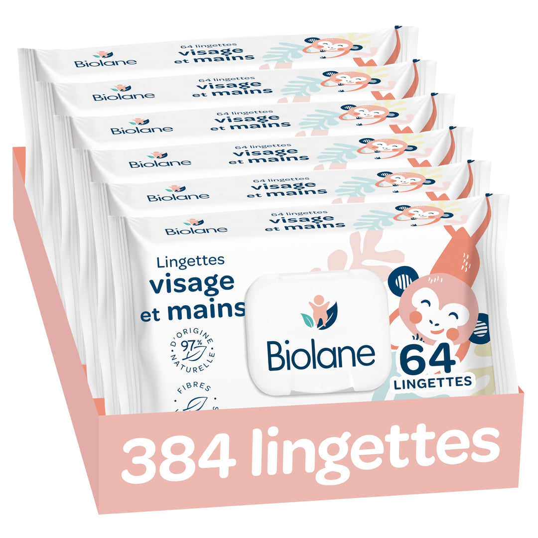BIOLANE - Babytücher für Gesicht und Hände – 6 Packungen – 384 Tücher (6 x 64 cm) – reinigt und schü