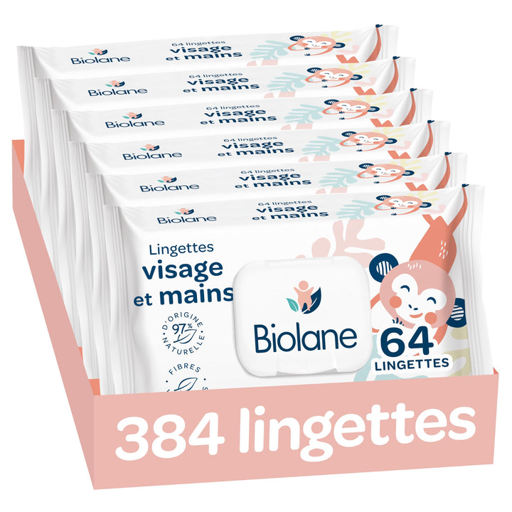 BIOLANE - Babytücher für Gesicht und Hände – 6 Packungen – 384 Tücher (6 x 64 cm) – reinigt und schü