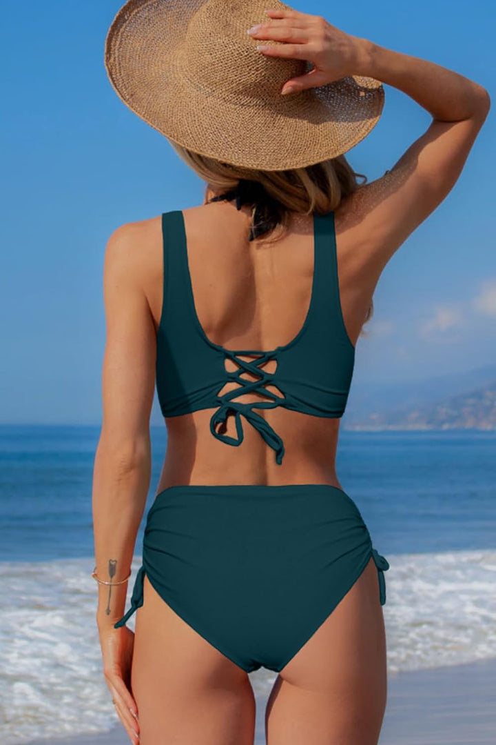 Beachsissi Damen Cross Back Badeanzüge Leopard Twist Front Bademode Kordelzug Side Bikini Sets S Bla