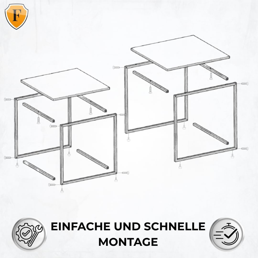 FORTENA Set mit 2 Couchtischen Beistelltisch Wohnzimmertisch Schwarz oder Gold Metall Quadratisch (E