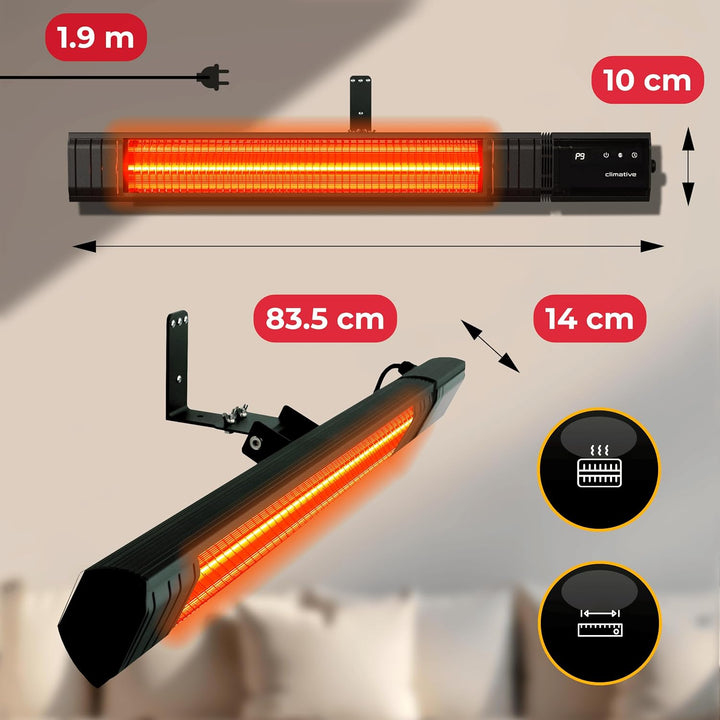 Infrarot Heizstrahler 2500W, 9 Stufen, IP65, Montageketten, Fernbedienung, Timer, Elektroheizung RAY