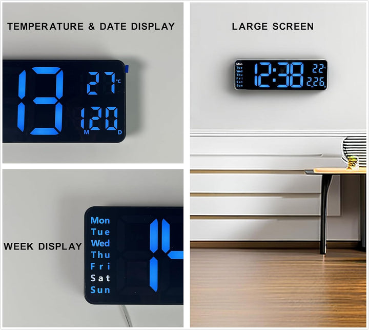 Digitaluhr, 11"-grosses LED-Wanduhrdisplay für Wohnzimmerdekor, Wecker mit Fernbedienung, Timer, 12/