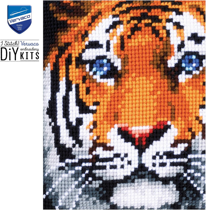Vervaco Kreuzstichkissen Tiger Kreuzstichpackung, Stramin, Weiss, 40 x 40 x 0,30 cm