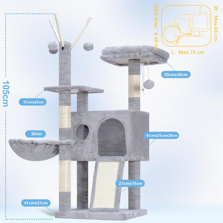 Hey-brother Kratzbaum, 105 cm Klein stabil Katzenbaum mit abnehmbaren Spielzeugen, Höhle, 1 Plattfor