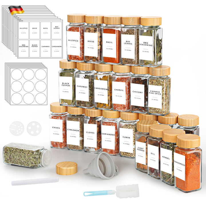 Lannvan Gewürzgläser Eckig Set [24 x 120ml] mit Bambus Deckel, Gewürzdosen mit 246 Etiketten, Gewürz