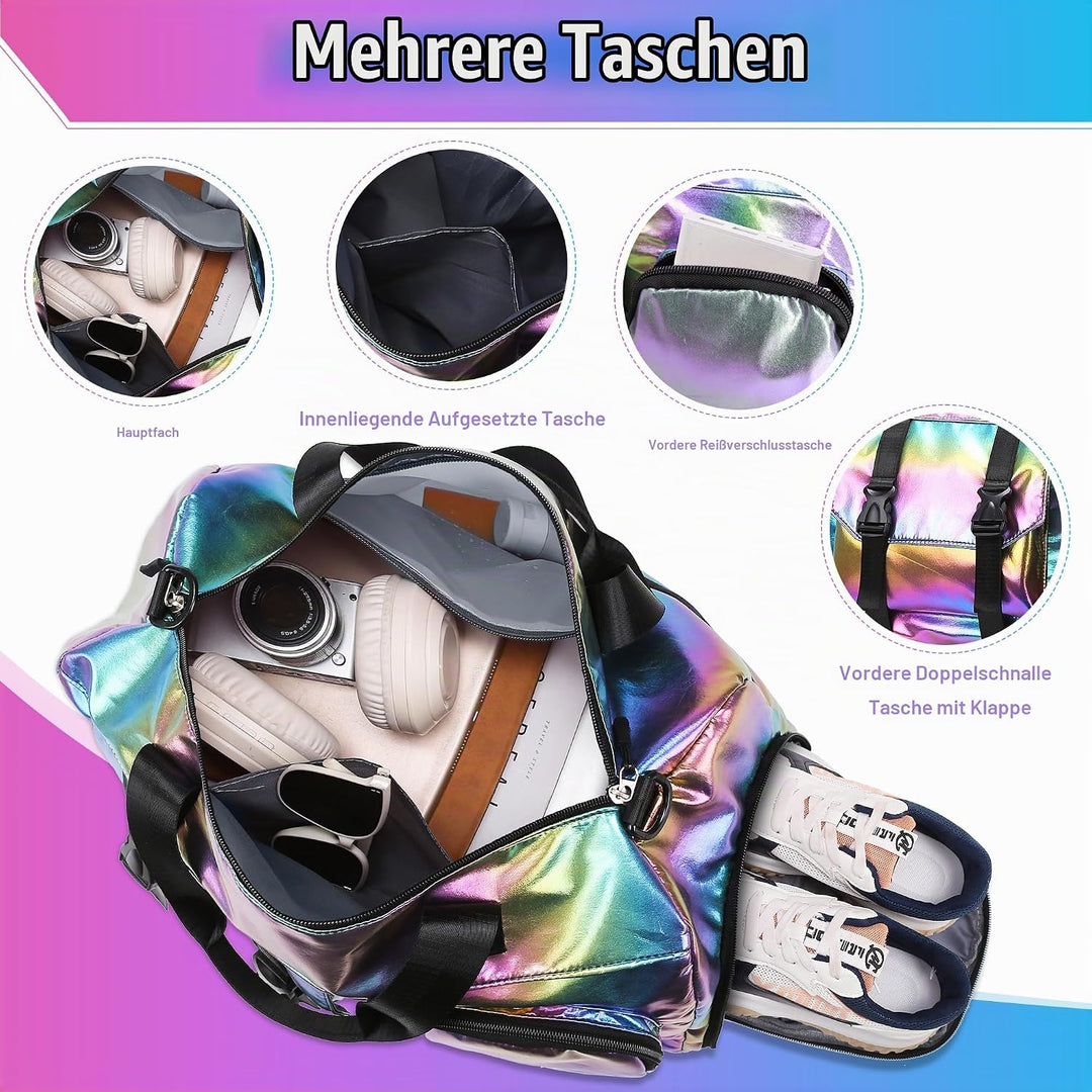 Sporttasche Damen Reisetasche mit Schuhfach und Nassfach, Wasserdicht Schwimmtasche Frauen Glitzer G