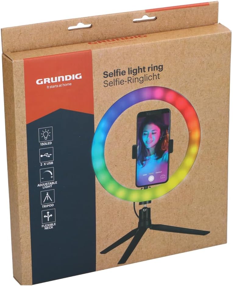 GRUNDIG LED Ringlicht mit Stativ - 150 LEDs, Handystativhalter, USB, Verstellbar, Farb- und Helligke