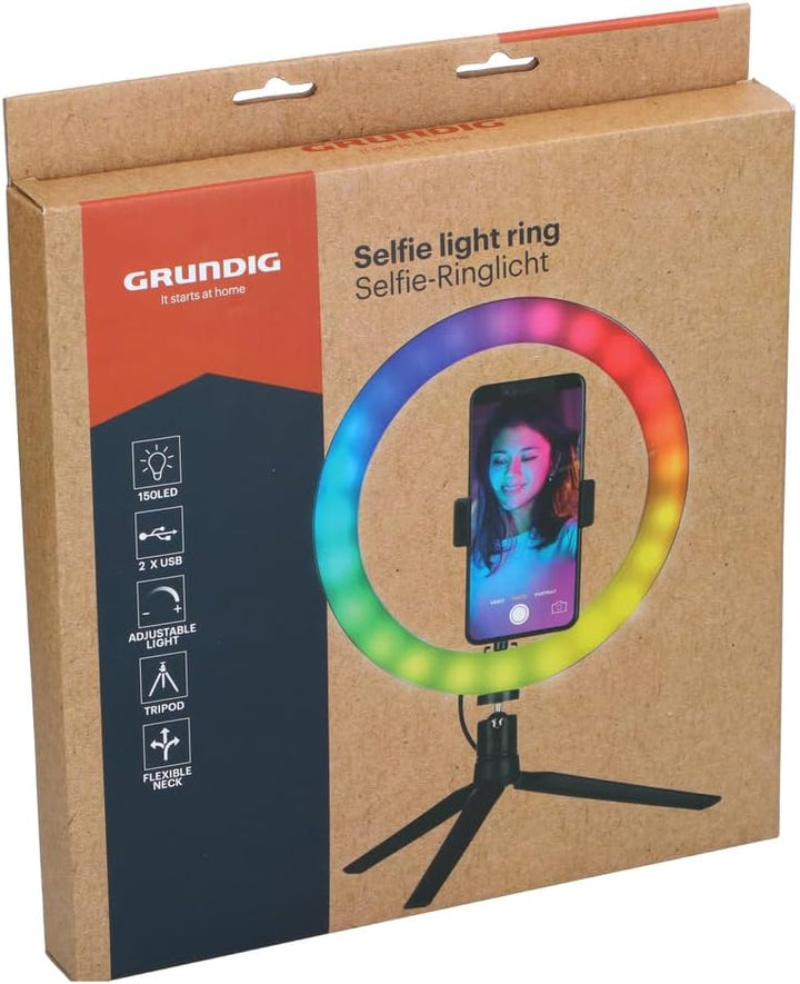 GRUNDIG LED Ringlicht mit Stativ - 150 LEDs, Handystativhalter, USB, Verstellbar, Farb- und Helligke