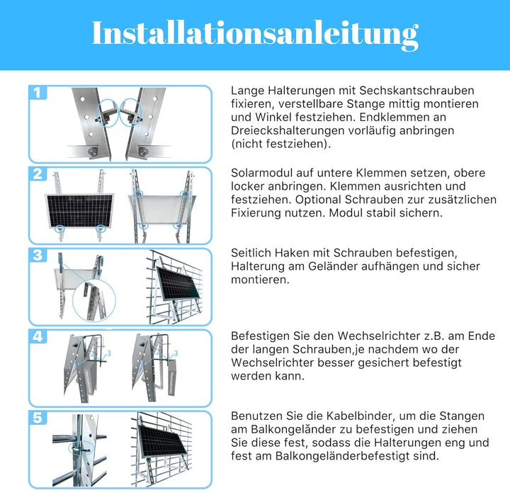 E.For.U® 1 Stück Balkonkraftwerk Halterung Solarmodul Halterung 1300mm, Verstellbar Winkel 10-30°, f