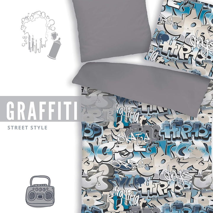 termana Graffiti Bettwäsche Set 155x220 + 80x80 · 100% Baumwolle, Reissverschluss, blau, grau · 3D T