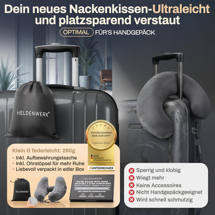 HELDENWERK® Air Nackenkissen Flugzeug Aufblasbar | Reisekissen für 5 Schlafpositionen, schnell aufbl