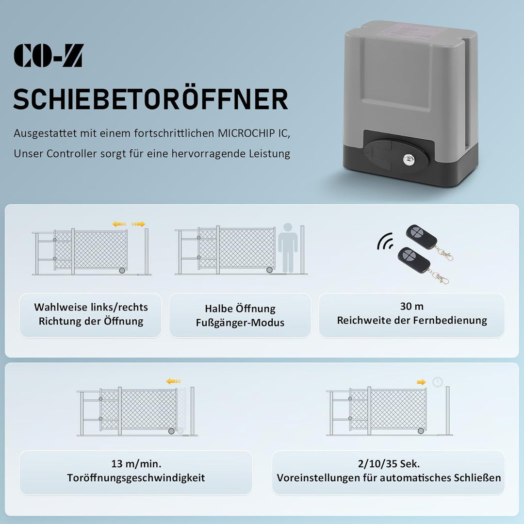 CO-Z Schiebetorantrieb Set bis 600 kg oder 12M Schiebetor Hoftorantrieb 200w Garagentorantrieb mit 2