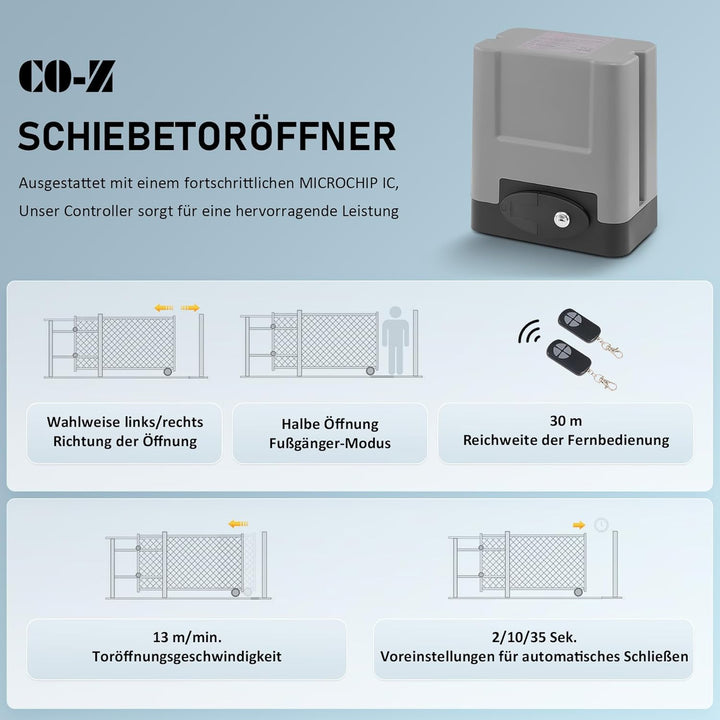 CO-Z Schiebetorantrieb Set bis 600 kg oder 12M Schiebetor Hoftorantrieb 200w Garagentorantrieb mit 2