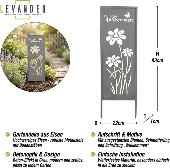 levandeo Gartenstecker Willkommen H83cm Stele Grau Betonoptik Gartenschild Schmetterling Garten-Deko
