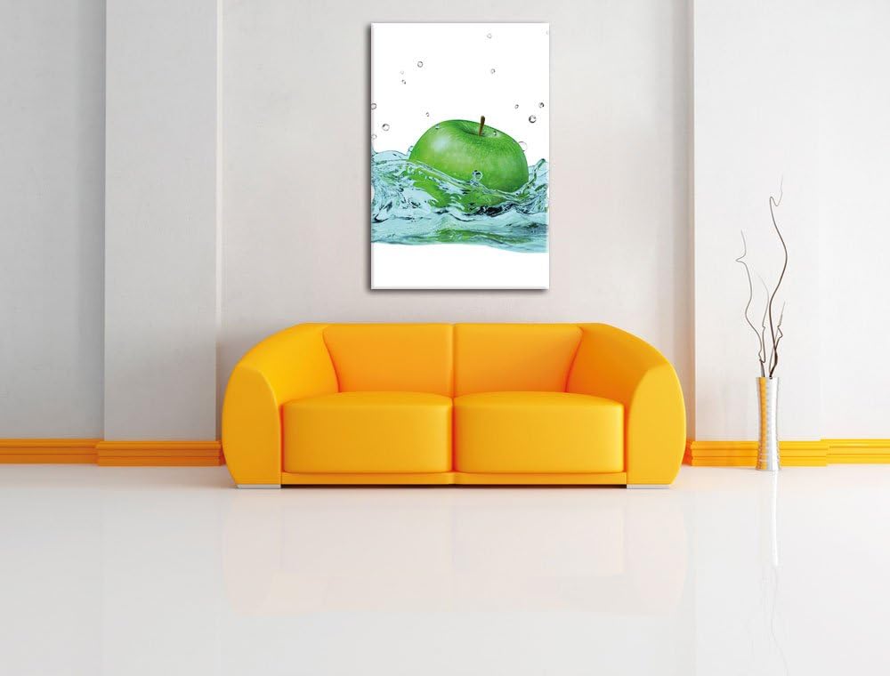 Pixxprint Grüner Apfel fällt in Wasser als Leinwandbild/Grösse: 100x70 cm/Wandbild/Kunstdruck/fertig
