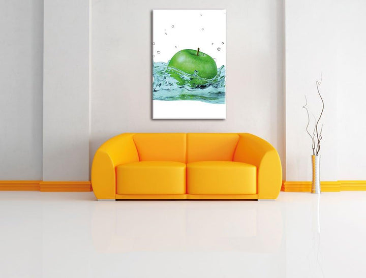 Pixxprint Grüner Apfel fällt in Wasser als Leinwandbild/Grösse: 100x70 cm/Wandbild/Kunstdruck/fertig