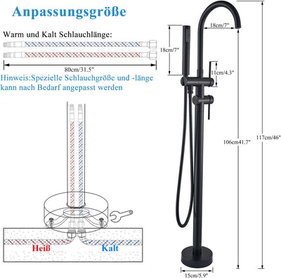 Rozin Badezimmerarmatur Wannenarmaturen Schwarz Freistehende Armatur Badewanne Wasserhahn 2 Griffe 3