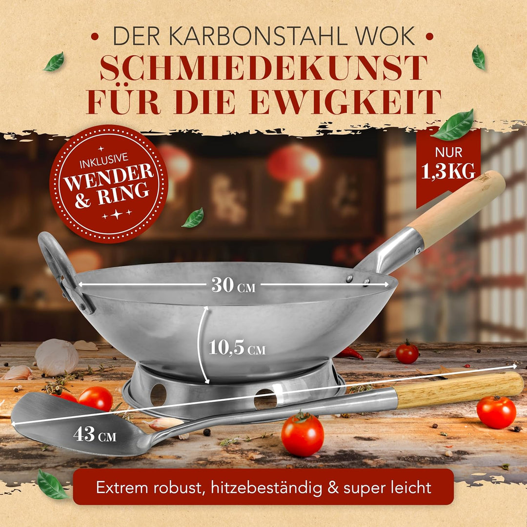 KRUSTENZAUBER 30cm Wokpfanne runder Boden - Traditionelle Stahlwokpfanne mit Wokwender u. Wokring -